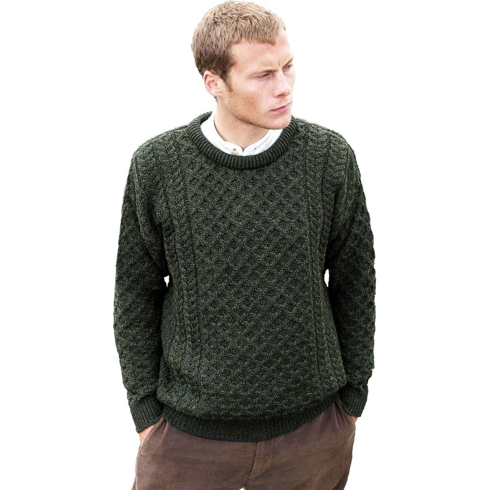 image:imageAran Crafts Unisex Irish Cable Knitted Crew Neck Sweater 100 Merino WoolArmy Green