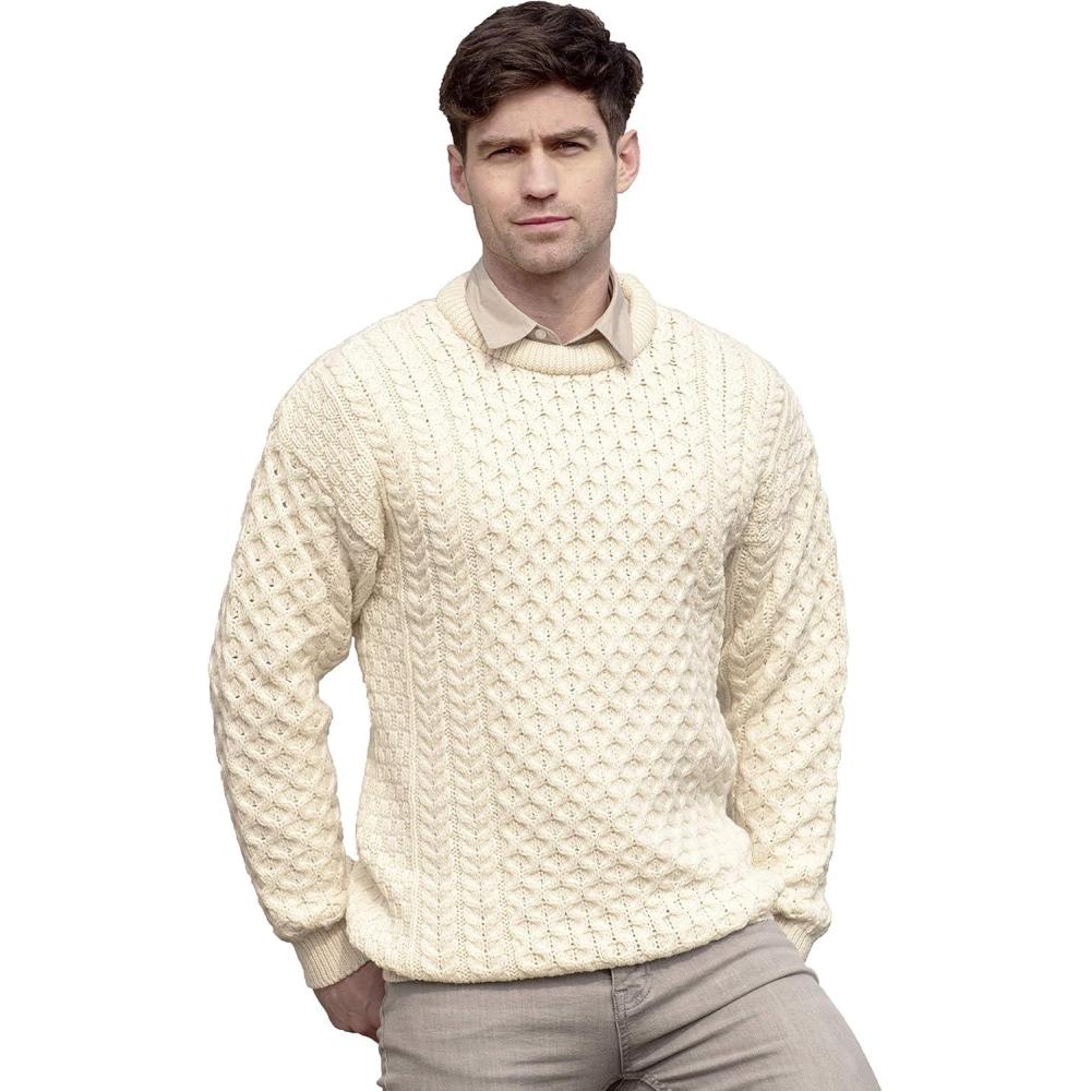 image:imageAran Crafts Unisex Irish Cable Knitted Crew Neck Sweater 100 Merino WoolNatural