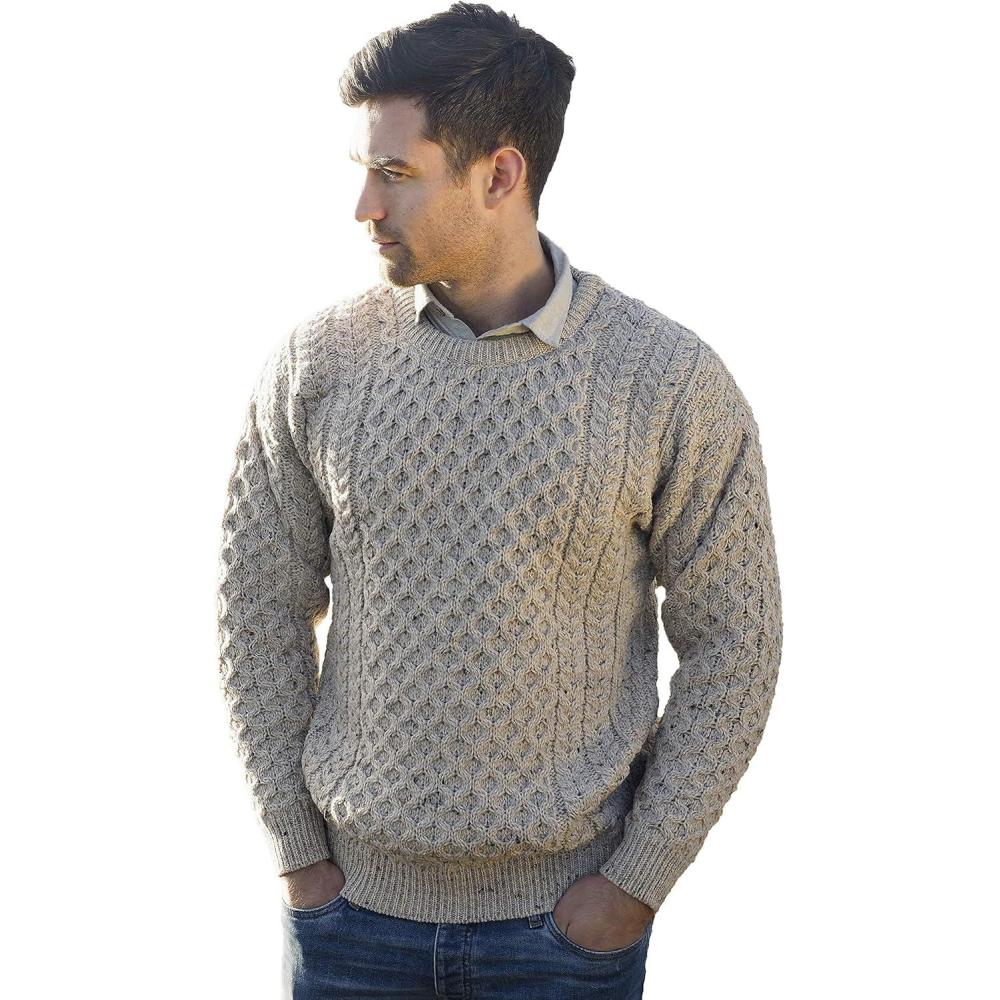 image:imageAran Crafts Unisex Irish Cable Knitted Crew Neck Sweater 100 Merino WoolOatmeal