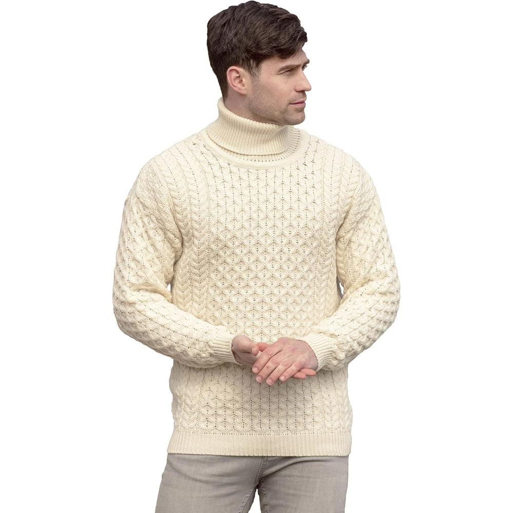 image:imageAran Crafts Unisex Irish Cable Knitted Soft Roll Neck Sweater 100 Merino WoolNatural
