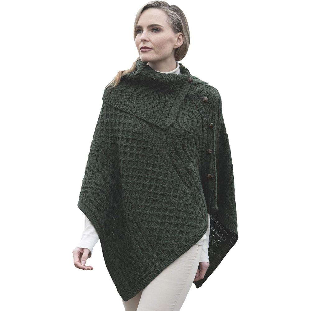 image:imageAran Crafts Womens Cable Knit Buttoned Cowl Neck Poncho 100 Merino WoolArmy Green