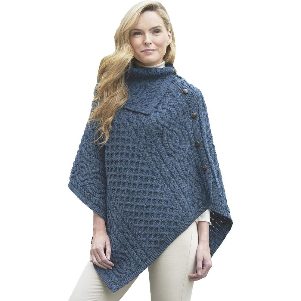 image:imageAran Crafts Womens Cable Knit Buttoned Cowl Neck Poncho 100 Merino WoolMallard Blue