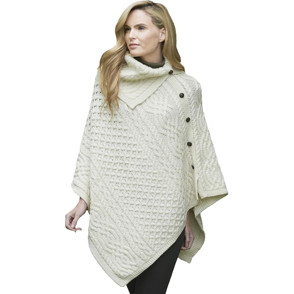 image:imageAran Crafts Womens Cable Knit Buttoned Cowl Neck Poncho 100 Merino WoolNatural
