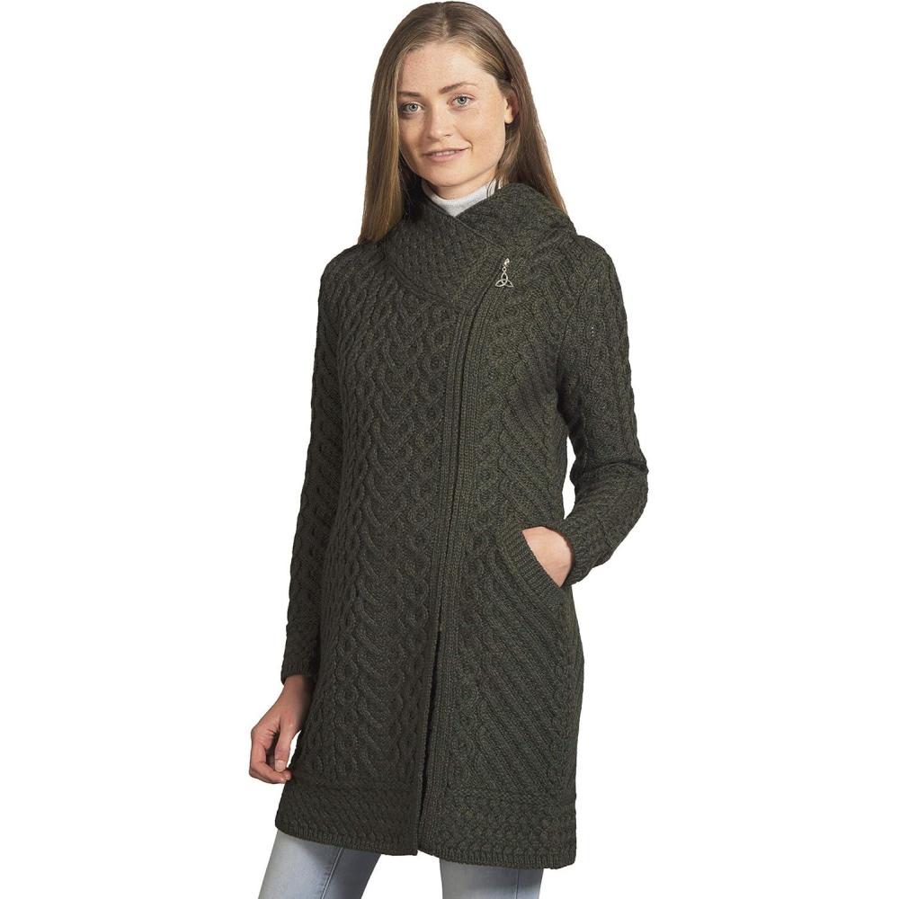 image:imageAran Crafts Womens Cable Knit Long Hooded Side Zip Coat 100 Merino WoolArmy Green