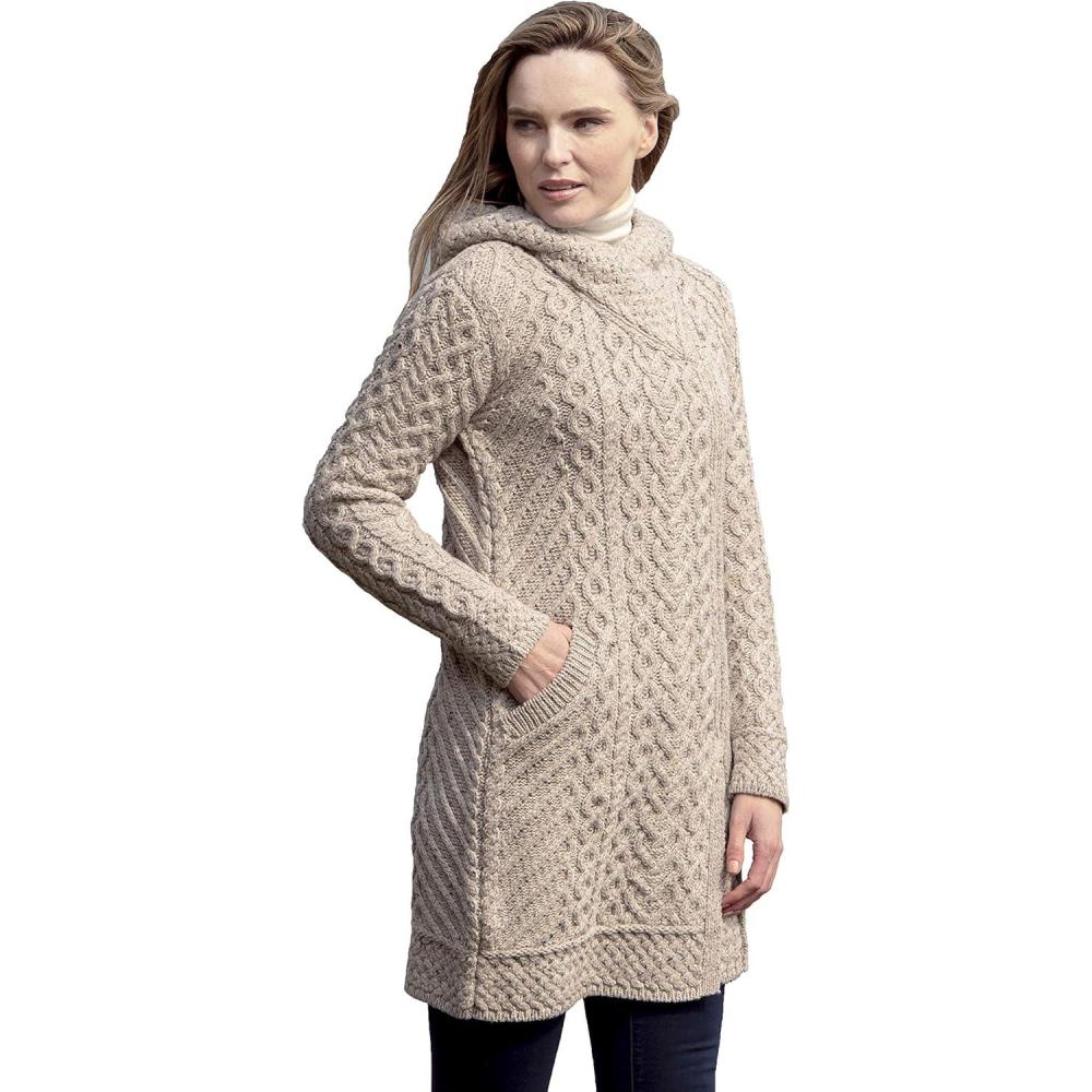 image:imageAran Crafts Womens Cable Knit Long Hooded Side Zip Coat 100 Merino WoolOatmeal Nep