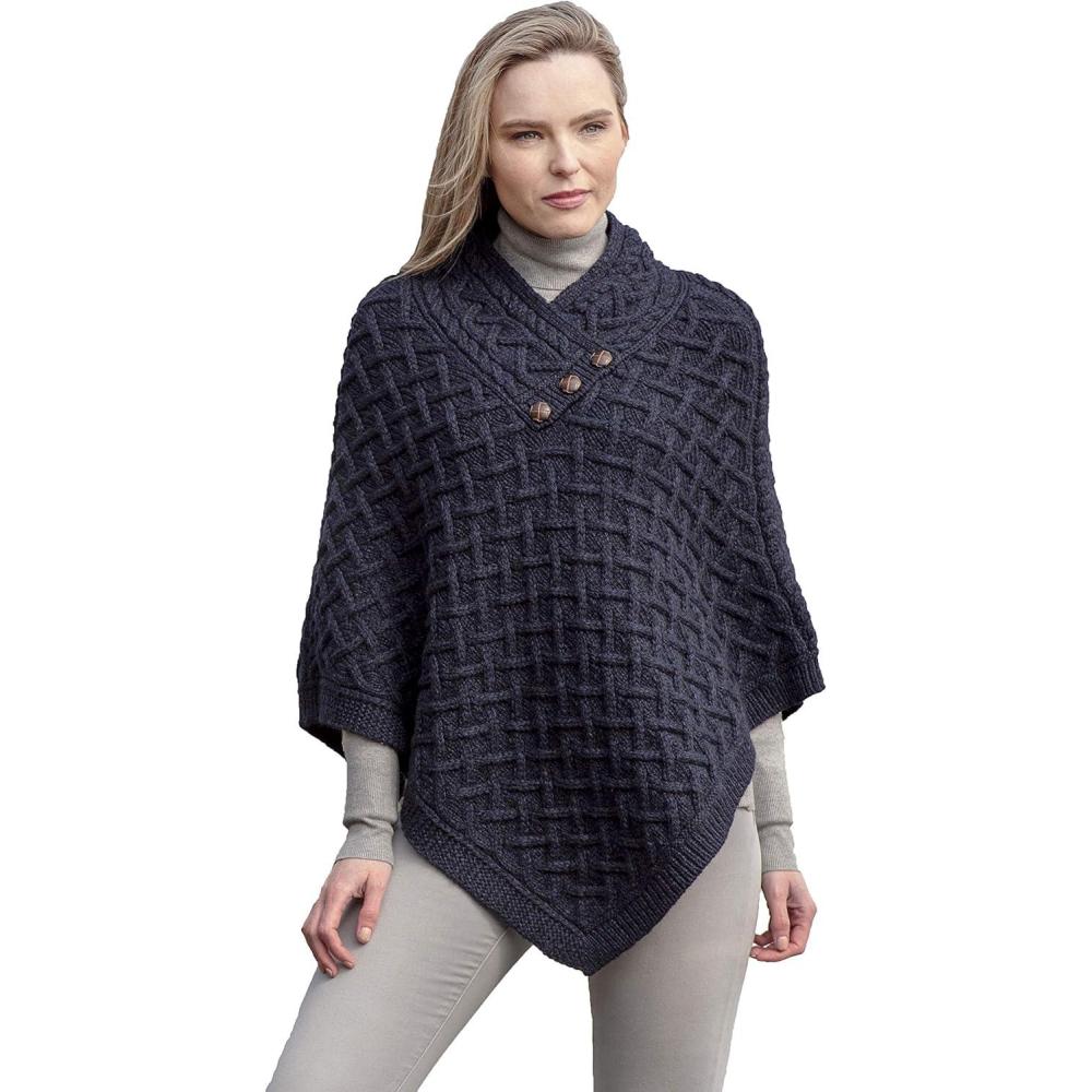 image:imageAran Crafts Womens Cable Knit Nua Button Poncho 100 Super Soft Merino WoolInk Marl