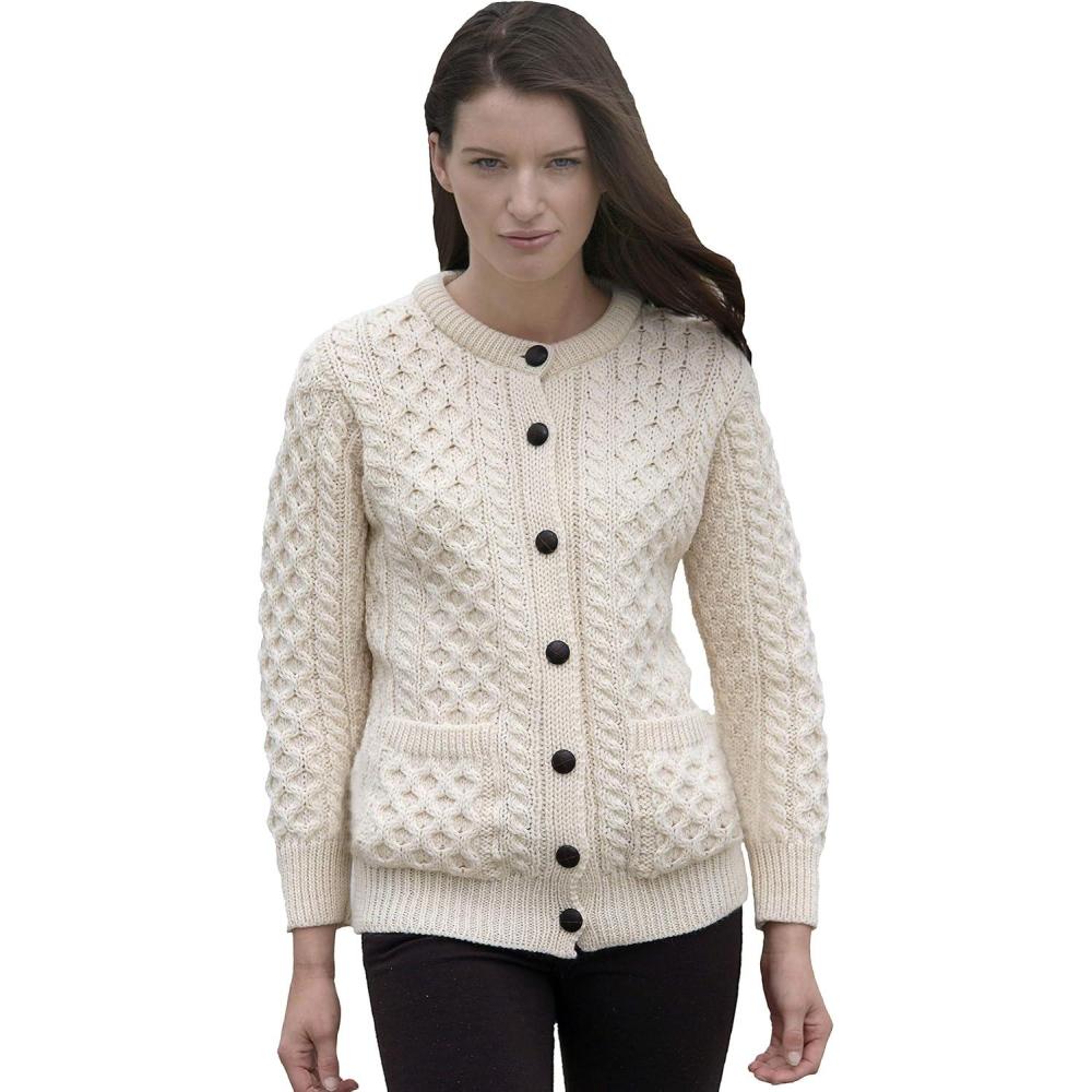 image:imageAran Crafts Womens Cable Knit Soft Buttoned Lumber Jacket 100 Merino WoolNatural