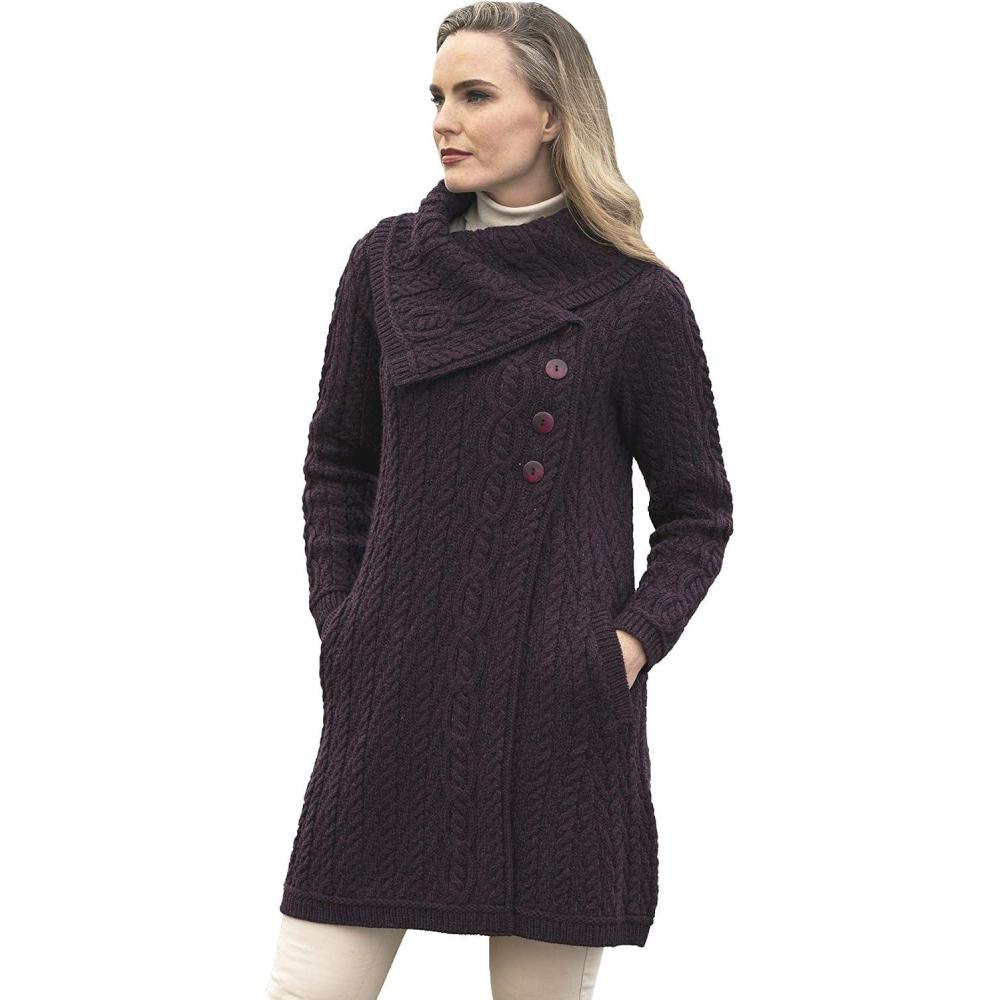 image:imageAran Crafts Womens Cable Knit Soft Collar 3 Button Coat 100 Merino WoolDamson