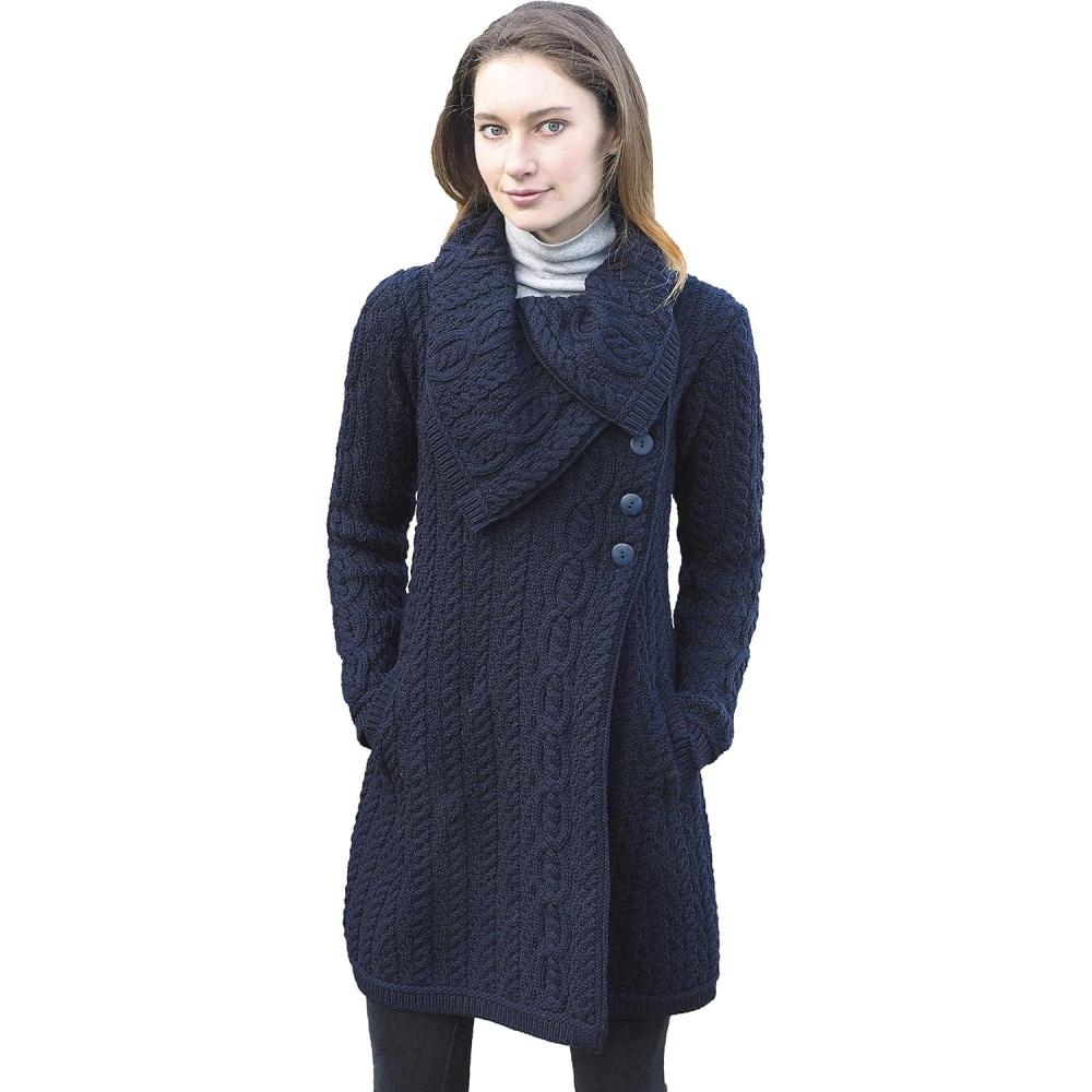 image:imageAran Crafts Womens Cable Knit Soft Collar 3 Button Coat 100 Merino WoolNavy