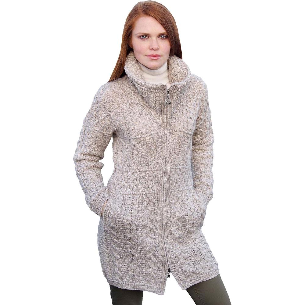 image:imageAran Crafts Womens Irish Cable Knitted Double Collar Coat 100 Merino WoolParsnip