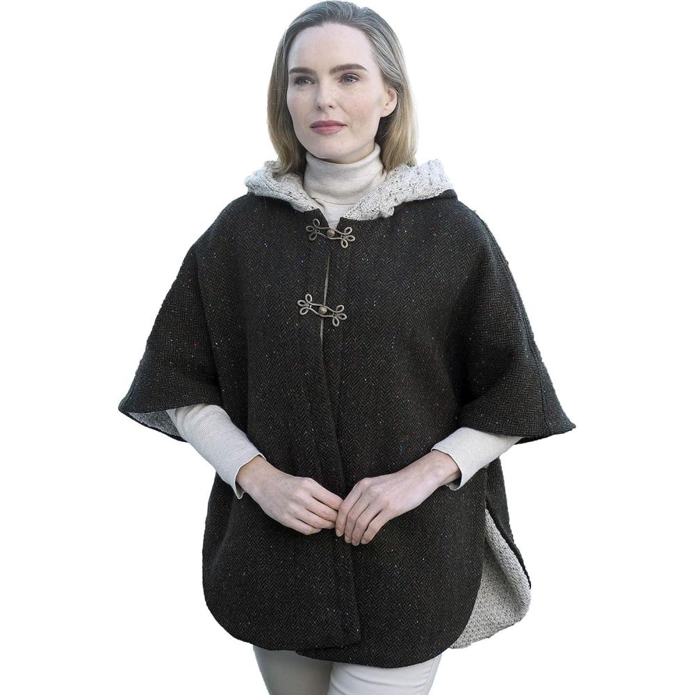 image:imageAran Crafts Womens Irish Cable Knitted Hooded Tweed Poncho Cape 100 Wool