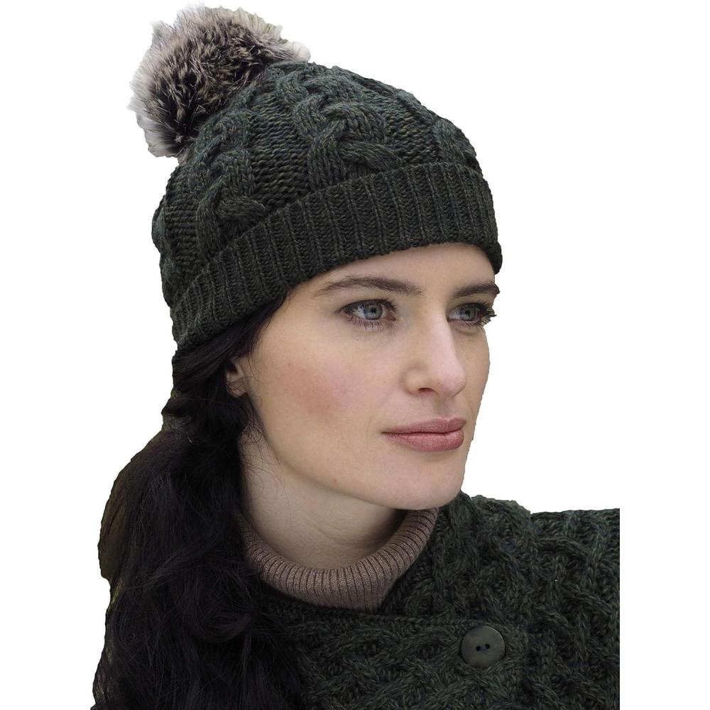 image:imageAran Crafts Womens Irish Cable Knitted Soft Pom Faux Fur Hat 100 Merino WoolArmy Green