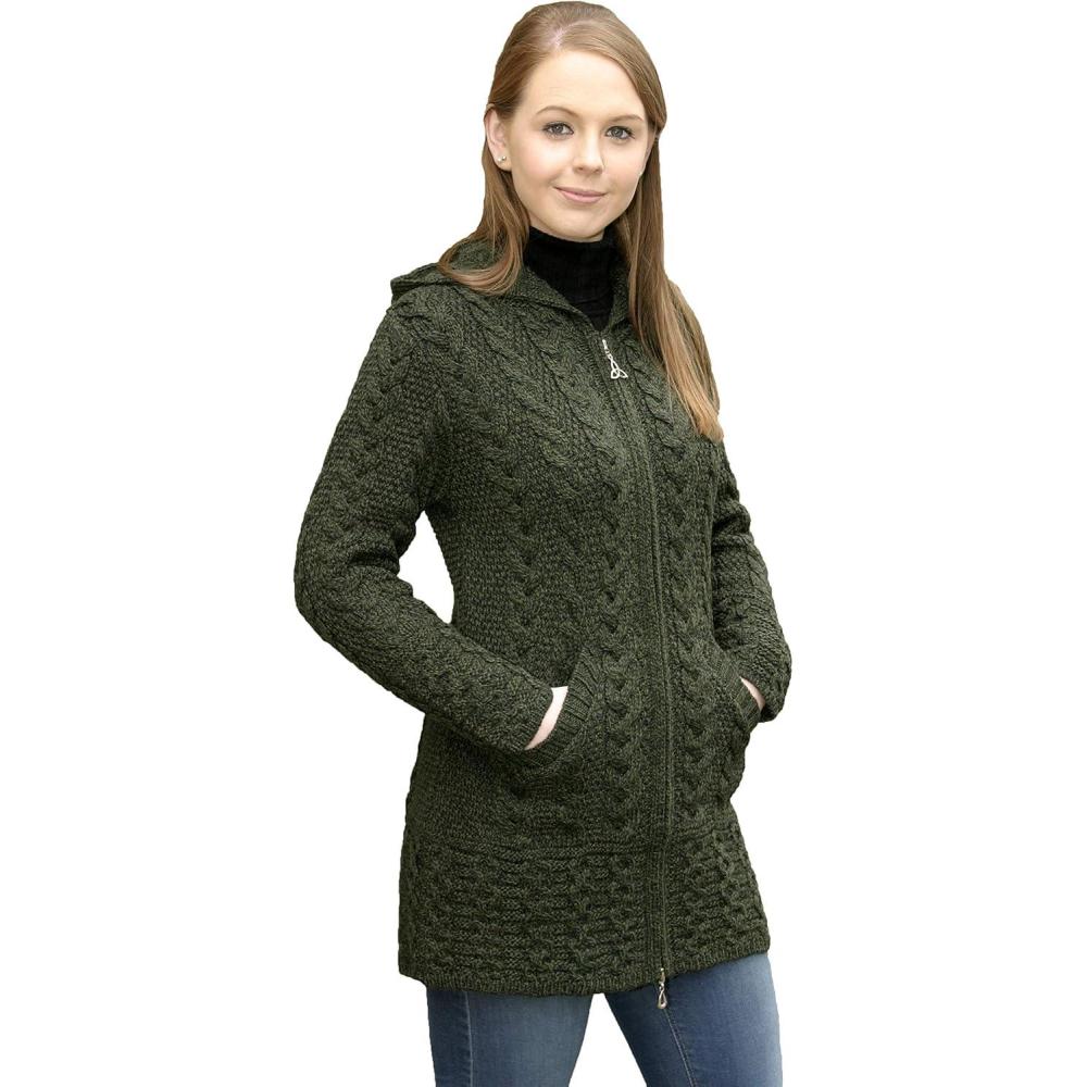 image:imageAran Crafts Womens Irish Cable Knitted Wool Hooded Zip Coat 100 Merino WoolArmy Green