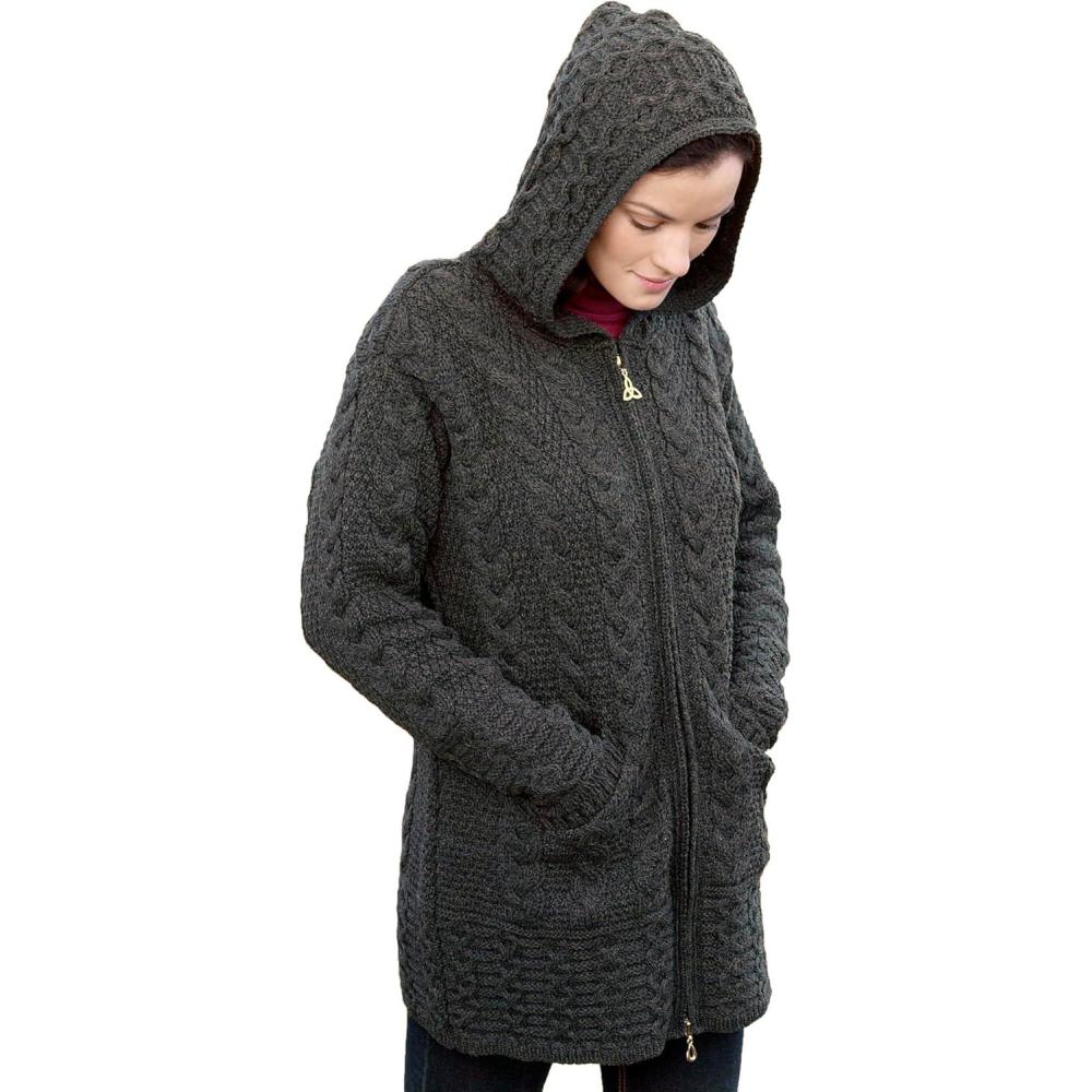 image:imageAran Crafts Womens Irish Cable Knitted Wool Hooded Zip Coat 100 Merino WoolCharcoal
