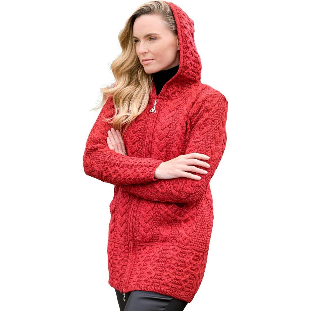 image:imageAran Crafts Womens Irish Cable Knitted Wool Hooded Zip Coat 100 Merino WoolCherry Red