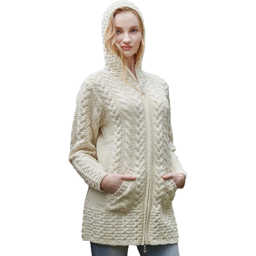 image:imageAran Crafts Womens Irish Cable Knitted Wool Hooded Zip Coat 100 Merino WoolNatural