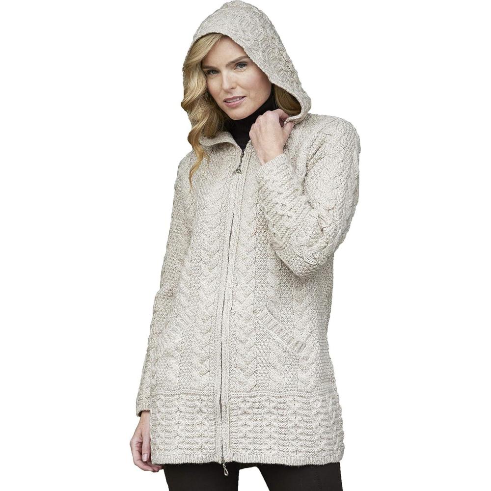 image:imageAran Crafts Womens Irish Cable Knitted Wool Hooded Zip Coat 100 Merino WoolParsnip