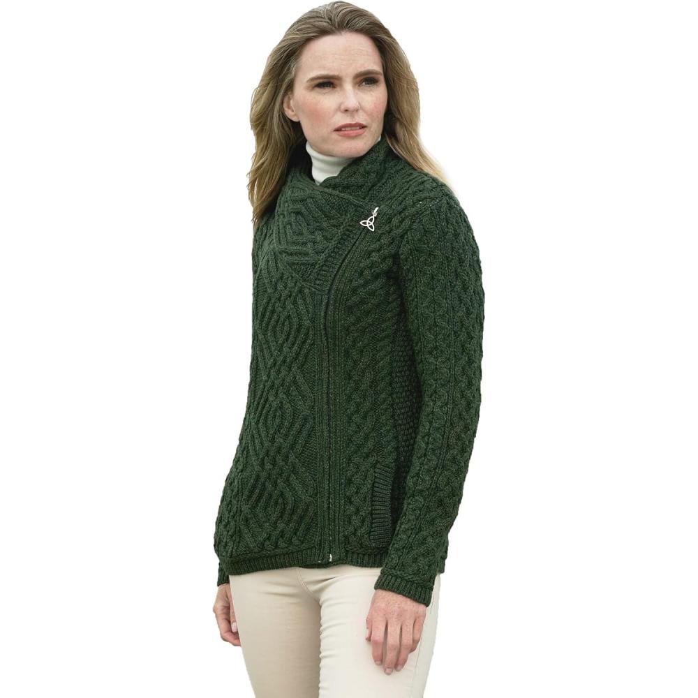 image:imageAran Crafts Womens Irish Cable Knitted Wool Side Zip Cardigan 100 Merino WoolArmy Green