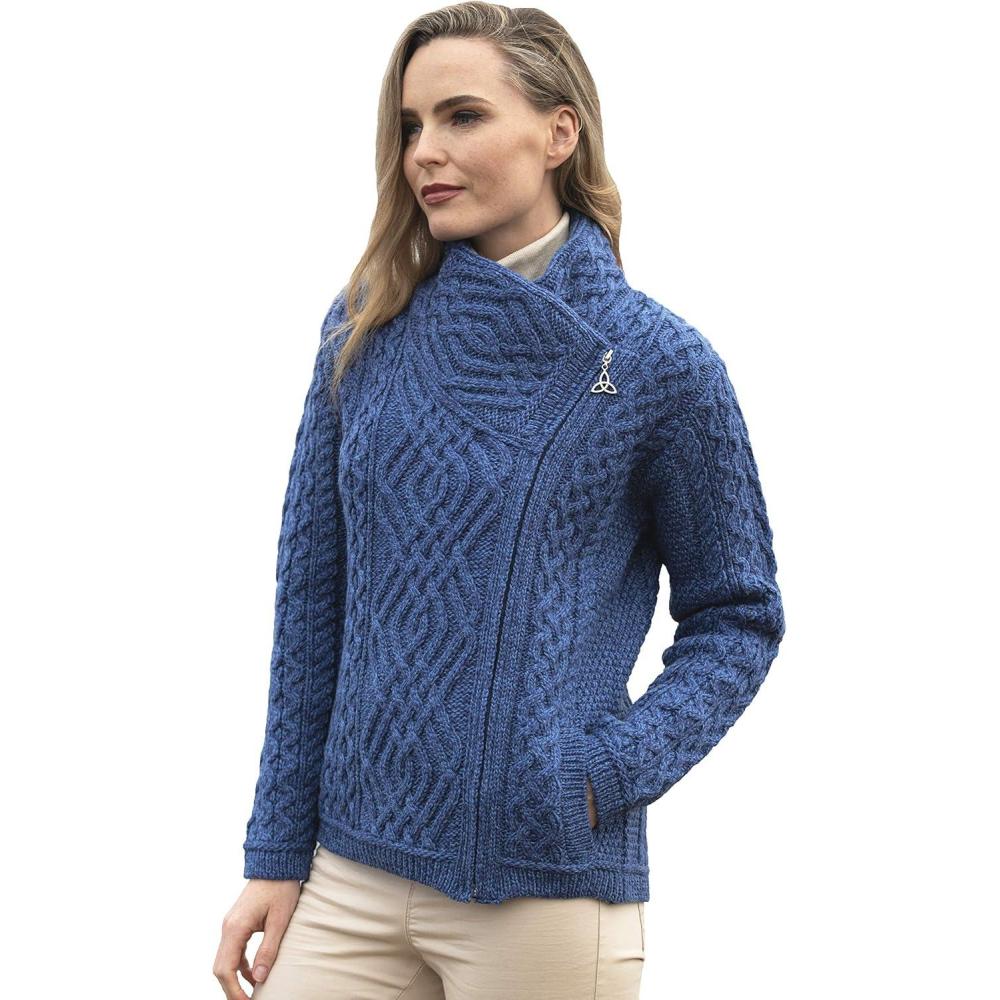 image:imageAran Crafts Womens Irish Cable Knitted Wool Side Zip Cardigan 100 Merino WoolBlue Marl
