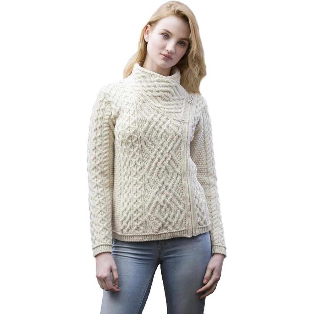 image:imageAran Crafts Womens Irish Cable Knitted Wool Side Zip Cardigan 100 Merino WoolNatural