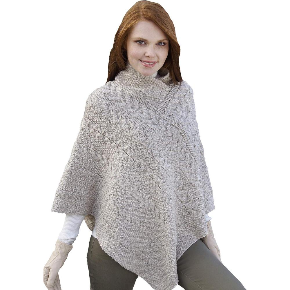 image:imageAran Crafts Womens Irish Soft Cable Knitted Poncho Cape 100 Merino WoolParsnip
