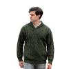 Aran Crafts Men’s Irish Cable Knitted Shawl Collar Sweater (100% Merino Wool)(Army Green)