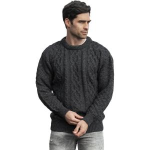 Aran Crafts Basket Stitch Crew Neck Sweater (100% Wool)(Charcoal)