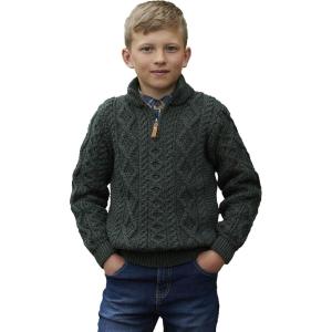 Aran Crafts Boy’s Irish Cable Knitted Half Zip Sweater (100% Merino Wool)(Army Green)