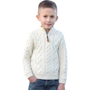Aran Crafts Boy’s Irish Cable Knitted Half Zip Sweater (100% Merino Wool)(Natural)