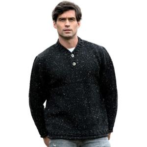 Aran Crafts Irish Mens 2 Button V-Neck Sweater, 100% Donegal Wool (K3082)(Black Nep)