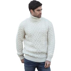 Aran Crafts Irish Mens Polo Neck Sweater, 100% Wool (R1587)(Natural)