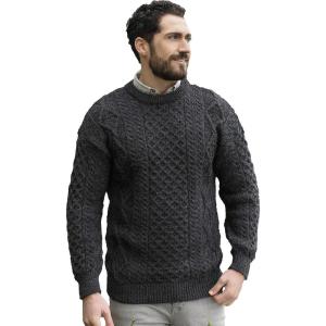 Aran Crafts Irish Soft Cable Knitted Crew Neck Unisex Sweater (100% Pure New Wool)(Charcoal)
