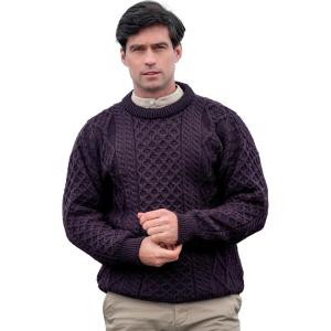 Aran Crafts Irish Soft Cable Knitted Crew Neck Unisex Sweater (100% Pure New Wool)(Damson)