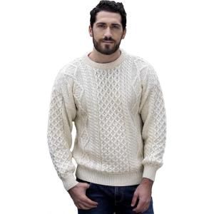 Aran Crafts Irish Soft Cable Knitted Crew Neck Unisex Sweater (100% Pure New Wool)(Ecru)