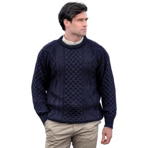 Aran Crafts Irish Soft Cable Knitted Crew Neck Unisex Sweater (100% Pure New Wool)(Navy)