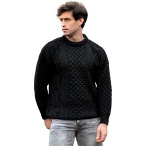 Aran Crafts Irish Soft Cable Knitted Crew Neck Unisex Sweater (100% Pure New Wool)(Solid Black)