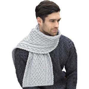 Aran Crafts Irish Soft Cable Knitted Trellis Pattern Scarf (100% Merino Wool)(Soft Grey)