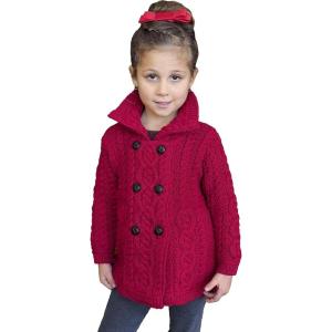 Aran Crafts Kid’s Irish Cable Knit Soft Double Breasted Coat (100% Merino Wool)(Garnet)