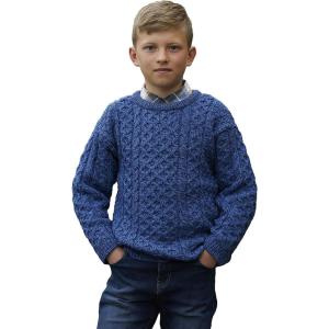 Aran Crafts Kid’s Irish Cable Knitted Crew Neck Sweater (100% Merino Wool)(Marl Blue)