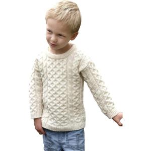 Aran Crafts Kid’s Irish Cable Knitted Crew Neck Sweater (100% Merino Wool)(Natural)