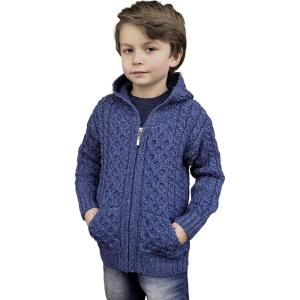 Aran Crafts Kid’s Irish Cable Knitted Hooded Zip Cardigan (100% Merino Wool)(Marl Blue)