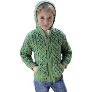 Aran Crafts Kid’s Irish Cable Knitted Hooded Zip Cardigan (100% Merino Wool)(Marl Green)