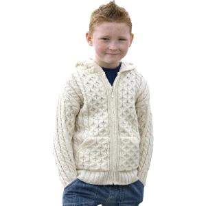 Aran Crafts Kid’s Irish Cable Knitted Hooded Zip Cardigan (100% Merino Wool)(Natural)