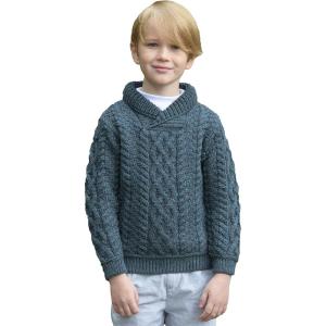 Aran Crafts Kid’s Shawl Neck Sweater, 100% Merino Wool, Fisherman Sweater-Style Knit, Made in Ireland(Peacock)