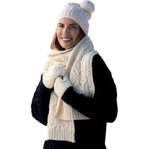 Aran Crafts Leaf Design Knit Pom Pom Hat, 100% Pure Wool, Authentic & Traditional, Luxuriously Soft and Cozy, Made in Ireland
