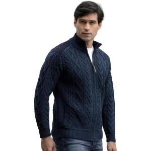 Aran Crafts Men’s Cable Knit Shoulder Detail Zipped Cardigan (100% Merino Wool)(Sherwood)