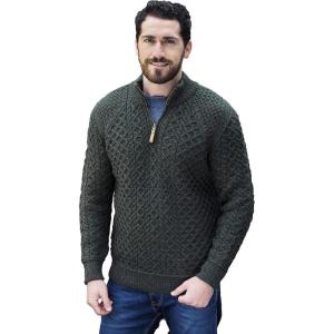 Aran Crafts Men’s Cable Knitted Half Zip Sweater (100% Super Soft Merino Wool)(Army Green)
