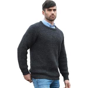 Aran Crafts Men’s Fisherman Irish Rib Crew Neck Wool Sweater (100% Pure Wool)(Charcoal)