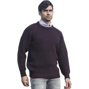 Aran Crafts Men’s Fisherman Irish Rib Crew Neck Wool Sweater (100% Pure Wool)(Damson)