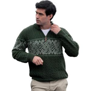Aran Crafts Men’s Irish Cable Knit Half Zip Jacquard Sweater (100% Merino Wool)(Army Green)